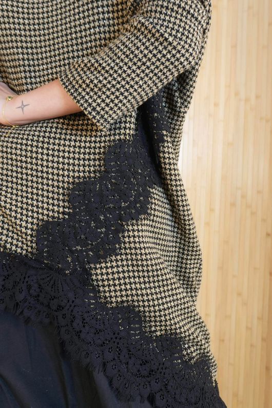 Elena Herringbone Slant Lace Top Black